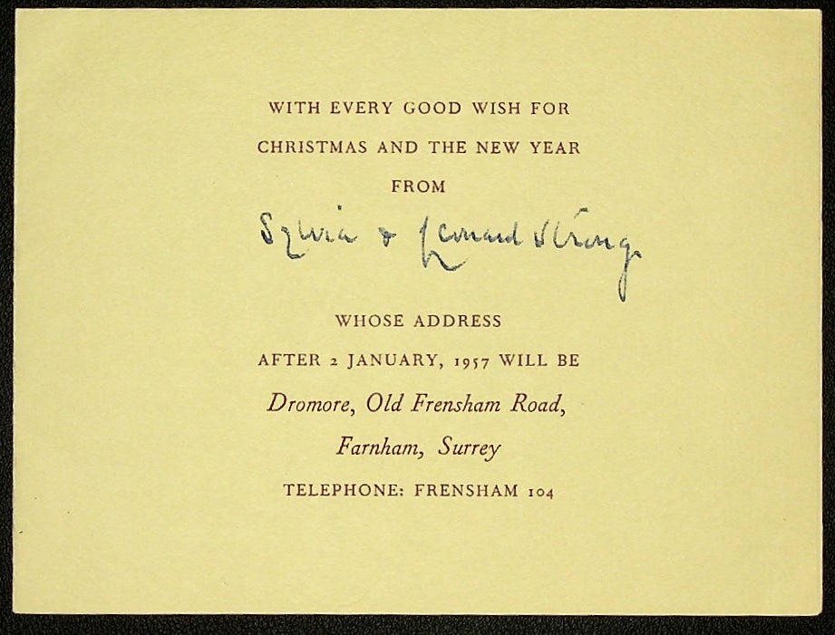 Return : 1956 Christmas Greeting With Poem And Change Of Address | L. A. G.  Strong, Leonard Alfred George