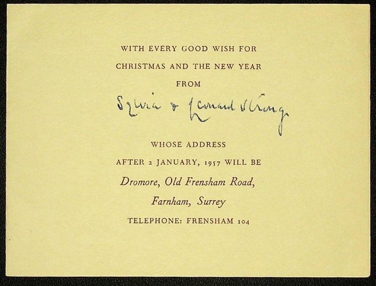 Item #1424 "RETURN": 1956 Christmas Greeting with poem (and change of address). L. A. G. Strong, Leonard Alfred George.