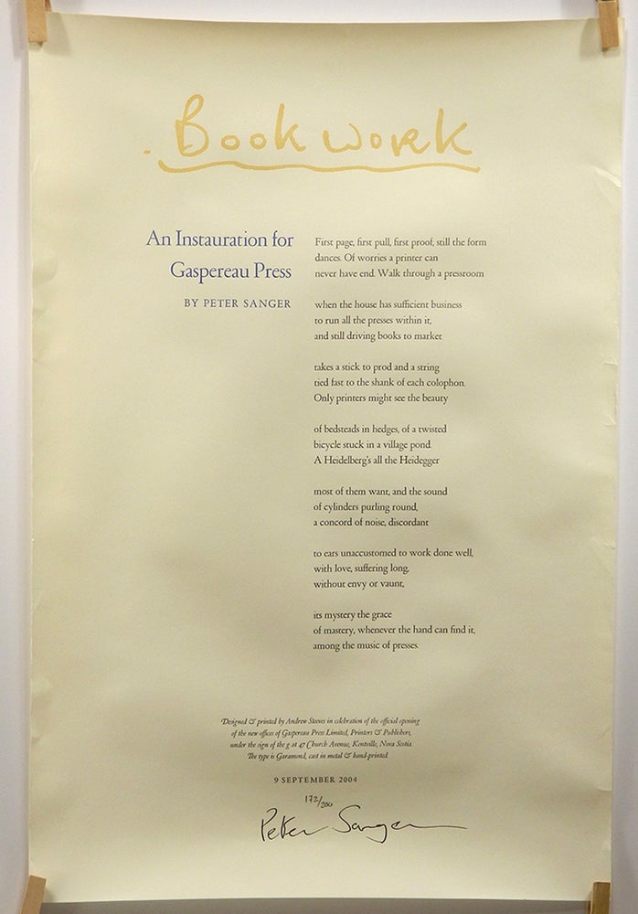 Item #55979 Bookwork: "An Instauration for Gaspereau Press" [Broadside Poem]. Peter Sanger, Gaspereau Press.