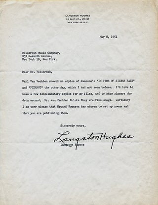Item #56044 TYPED LETTER SIGNED BY LANGSTON HUGHES TO EUGENE WEINTRAUB, WEINTRAUB MUSIC COMPANY:...