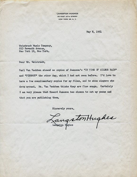 Item #56044 TYPED LETTER SIGNED BY LANGSTON HUGHES TO EUGENE WEINTRAUB, WEINTRAUB MUSIC COMPANY: About publication of Swanson's musical compositions of Hughes' poems, "Pierrot" and "In Time of Silver Rain." Langston Hughes, Carl Van Vechten Howard Swanson, Eugene Weintraub.