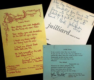 CHRISTMAS GREETINGS AND OTHER EPHEMERA FROM THE COLLECTION OF THE POET ERNEST KROLL: 6 Christmas Cards with poems by Pauker (4 printed by Pipers Press); inscribed Julliard Concert Brochure; items tracing the genesis of Pauker's poem "The Poet in Washington."