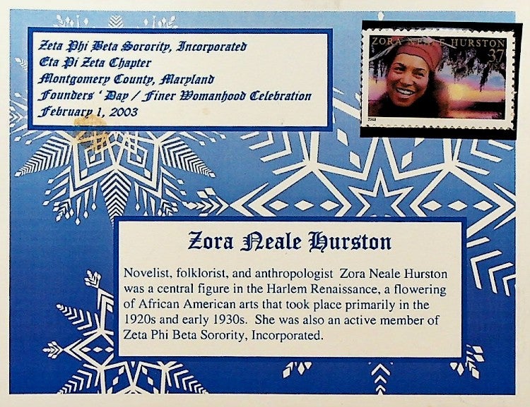 Item #56200 ZETA PHI BETA SORORITY FOUNDERS' DAY KEEPSAKE: Eta Pi Zeta Chapter, Montgomery County, Maryland. Zora Neale Hurston.