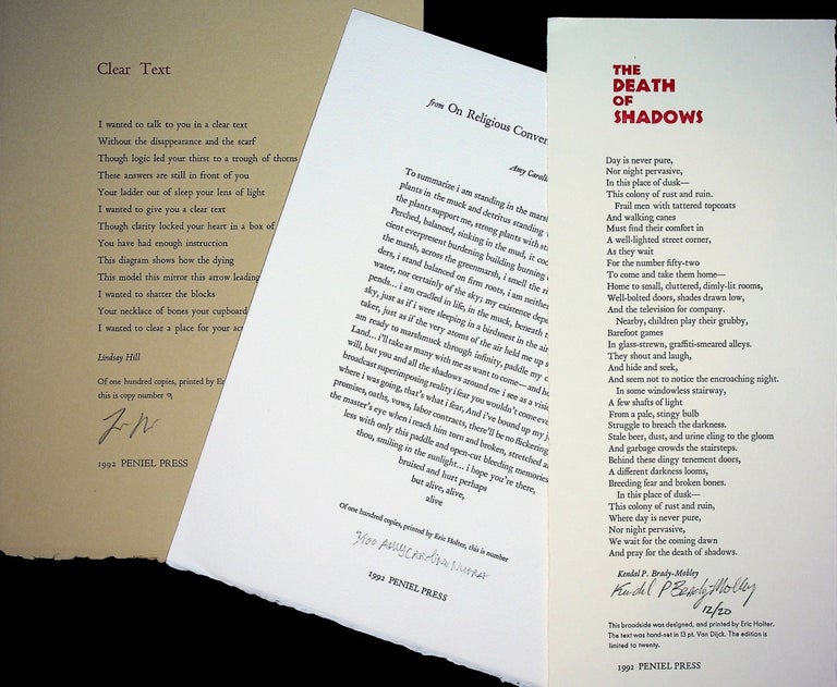 Item #56202 FIVE (5) SIGNED BROADSIDE POEMS: Includes "Clear Text" (#9/100) and "My Father's Ashes" (#8/100) by Hill; "The Death of Shadows" (#12/20) by Brady-Mobley; and "from Blue Flowers" (#5/100) and "from On Religious Conversion and Eternal Friendship" (#9/100) by Nuara. Eric Holter, Amy Caroline Nuara, Kendal P. Brady-Mobley, Lindsay Hill.