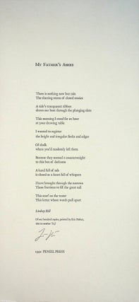 Item #56203 MY FATHER'S ASHES; Broadside poem. Lindsay Hill, printer, Eric Holter