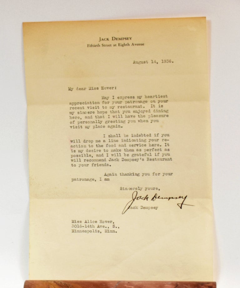 Item #71545 TYPED LETTER SIGNED; an early letter of thanks from the boxing legend. Jack Dempsey.