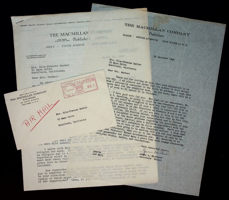 Item #71553 TWO TYPED LETTERS, SIGNED; written just prior to publication of TALES OF THE SOUTH PACIFIC, the Pulitzer Prize-winning book that brought him recognition. James A. Michener.