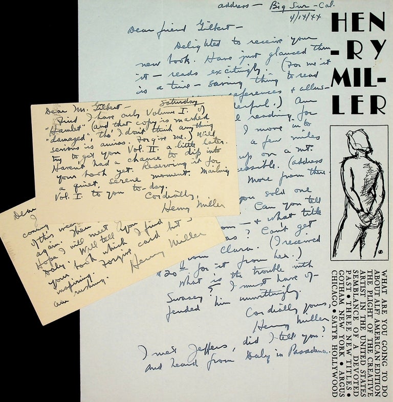 Item #71577 SIXTEEN (16) AUTOGRAPH LETTERS AND POSTCARDS SIGNED; from Henry Miller (1891 - 1980) to Rudolph Gilbert (1892 - 1979), written while he was settling into life at Big Sur 1944 - 1945. Henry Miller.