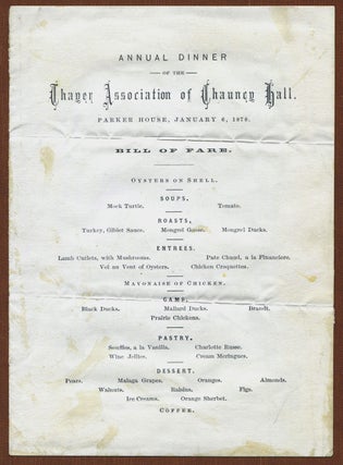 PARKER HOUSE BILL OF FARE: Menu for January 6, 1870, "Annual Dinner of the Thayer Association of. Restaurant Menu.