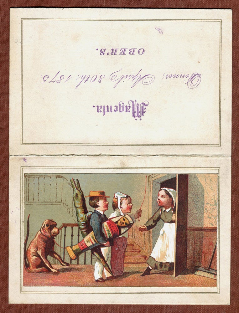 Item #71595 MENU FOR HARVARD'S "THE MAGENTA" NEWSPAPER'S 2ND (and last) ANNUAL DINNER: Illustrated menu card for "Magenta | Dinner, April 30th, 1875 | Ober's." Restaurant Menu.
