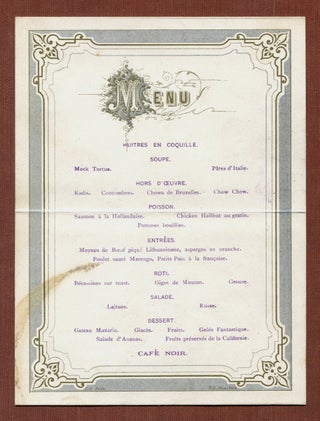 MENU FOR HARVARD'S "THE MAGENTA" NEWSPAPER'S 2ND (and last) ANNUAL DINNER: Illustrated menu card for "Magenta | Dinner, April 30th, 1875 | Ober's."