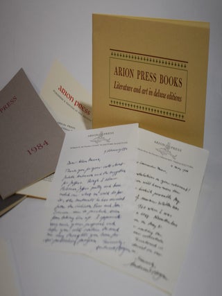 ARION PRESS: Collector's archive of communication from the Press being 29 Prospectuses, 6 Catalogs, 4 Christmas & Holiday Greetings, and 2 AUTOGRAPH LETTERS SIGNED by Hoyem. Together with the book that proved instrumental in the founding of the press and printout of an email explaining why.