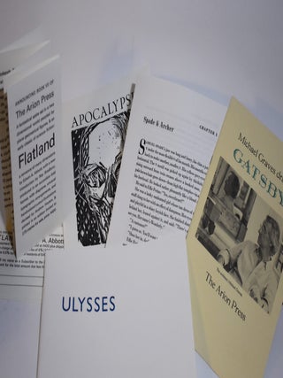ARION PRESS: Collector's archive of communication from the Press being 29 Prospectuses, 6 Catalogs, 4 Christmas & Holiday Greetings, and 2 AUTOGRAPH LETTERS SIGNED by Hoyem. Together with the book that proved instrumental in the founding of the press and printout of an email explaining why.