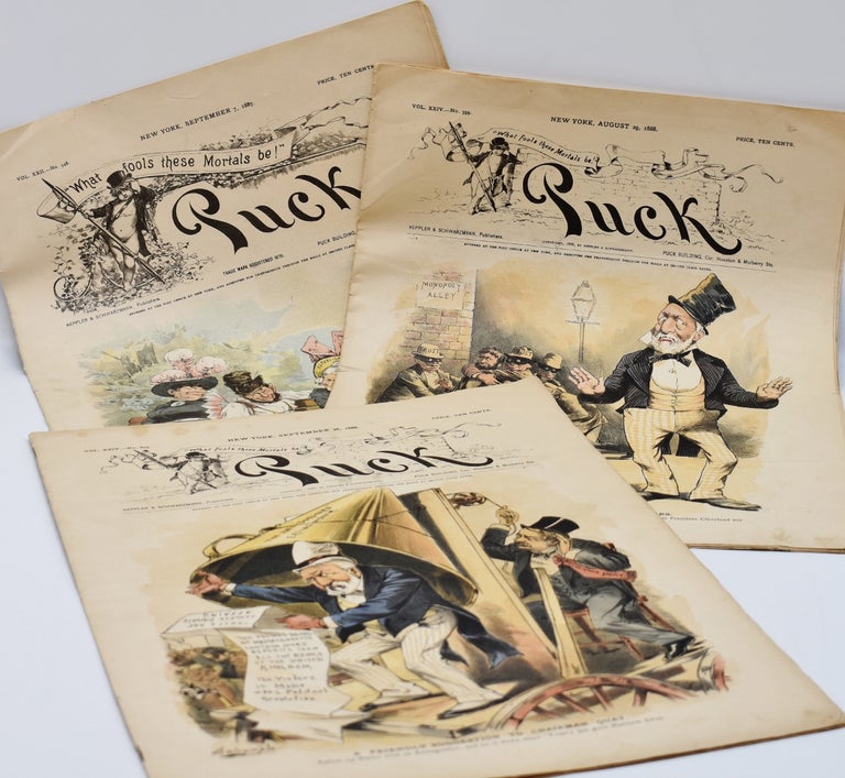 Item #71864 PUCK; [3 complete issues from the weekly magazine's heyday, each with chromolithographic front and rear covers as well as double-page chromolithograph at center]. Joseph Keppler.