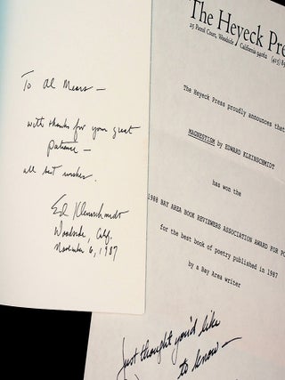COLLECTOR&rsquo;S ARCHIVE including correspondence in addition to first editions -- most of which are INSCRIBED -- of the following books: MAGNETISM (1987) | FIRST LANGUAGE (1990) [includes galley proofs] | TO REMAIN (1990) | BODYSONG (1999) [limited and trade issues] | SPEED OF LIFE (1999).