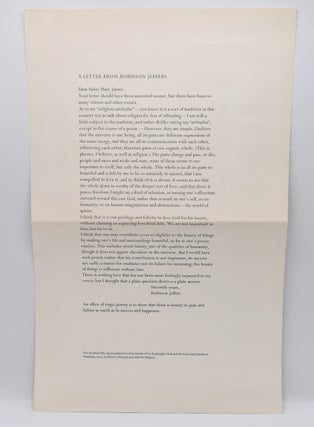Item #72110 A LETTER FROM ROBINSON JEFFERS; [Limited edition broadside print]. Robinson Jeffers