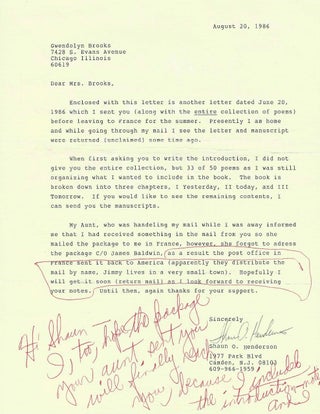 Item #72134 AUTOGRAPH LETTER SIGNED TO A YOUNG BLACK POET; [In the form of Brooks’ handwritten...