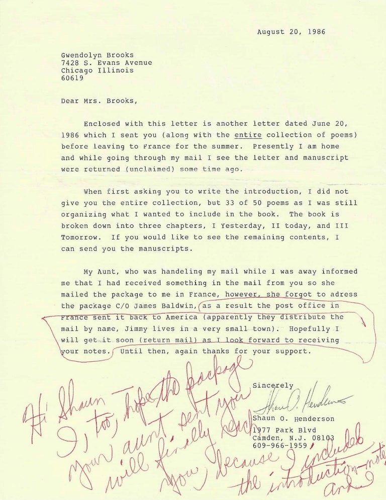 Item #72134 AUTOGRAPH LETTER SIGNED TO A YOUNG BLACK POET; [In the form of Brooks’ handwritten response on front and back of Henderson's typed letter to her]. Gwendolyn Brooks, Shaun O. Henderson, James Baldwin.