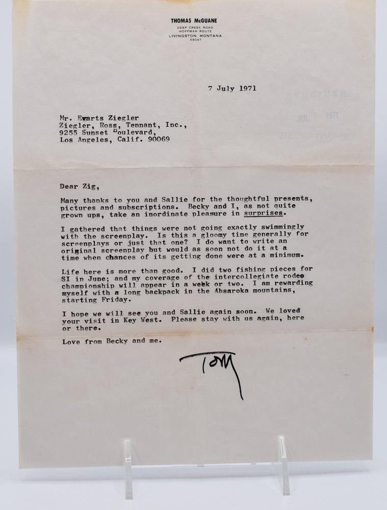 Item #72174 TWO TYPED LETTERS SIGNED TO HOLLYWOOD LITERARY AGENT EVARTS “ZIG” ZIEGLER. Thomas McGuane.
